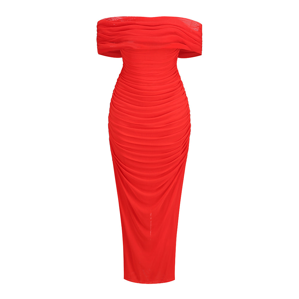 Draped Bardot Maxi Dress Red