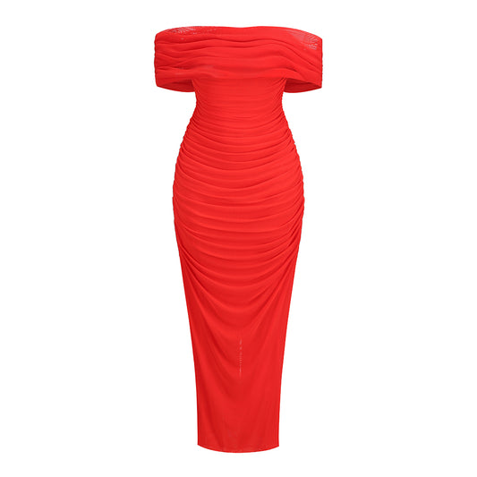 Draped Bardot Maxi Dress Red