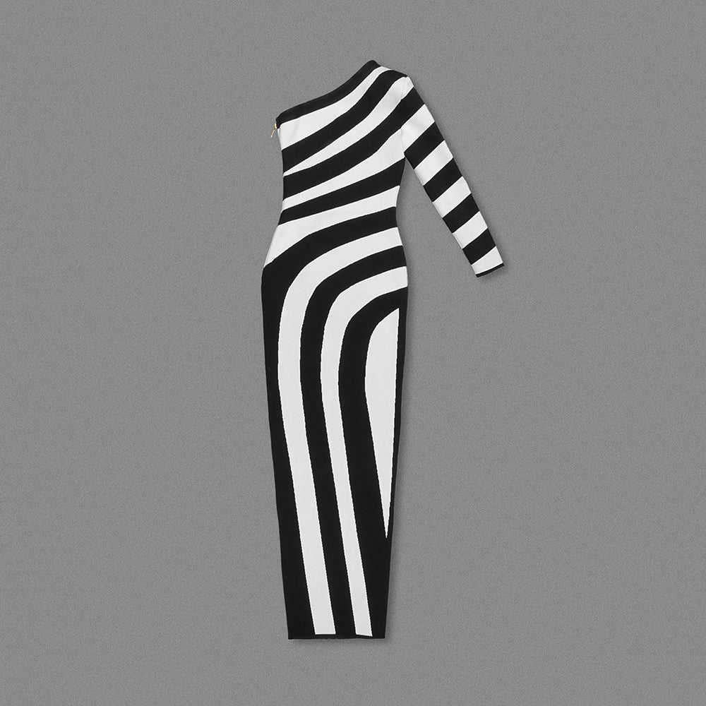 One Sleeve Striped Maxi Dress Black White HV1823