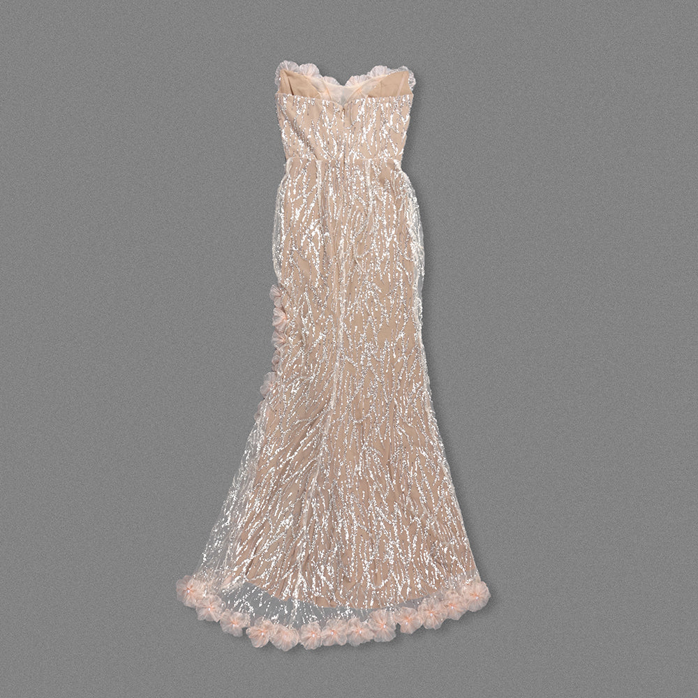 Strapless Floral Sequin Maxi Dress Nude HV2322