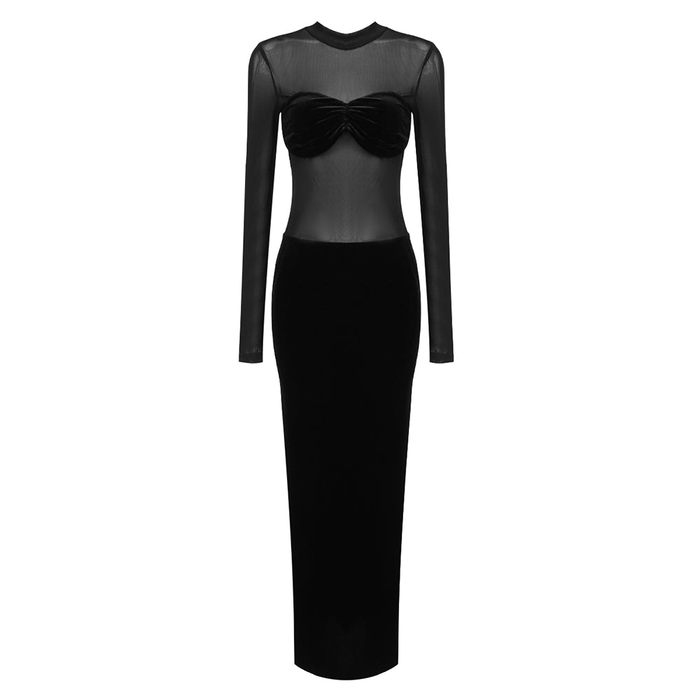 Long Sleeve Bustier Mesh Maxi Dress Black HV1537