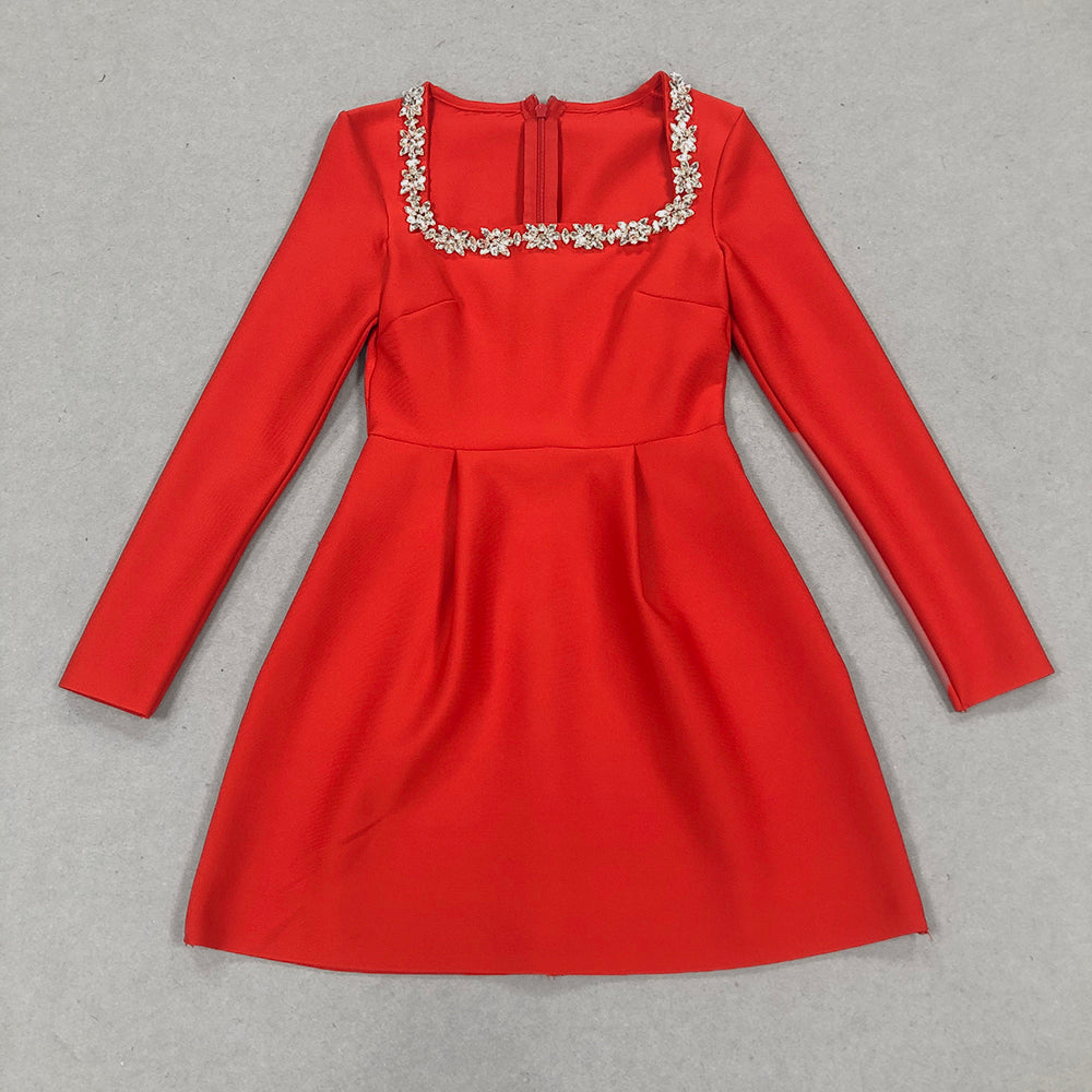 Long Sleeve Crystal A Line Dress White HV1295