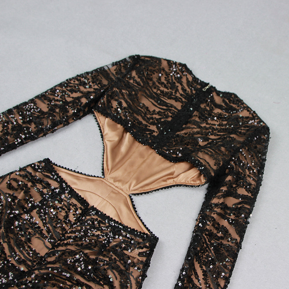 Long Sleeve Feather Sequin Jumpsuit Black HV9961