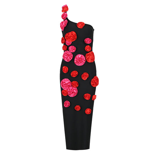 One Shoulder Rose Detail Midi Dress Black HV1094