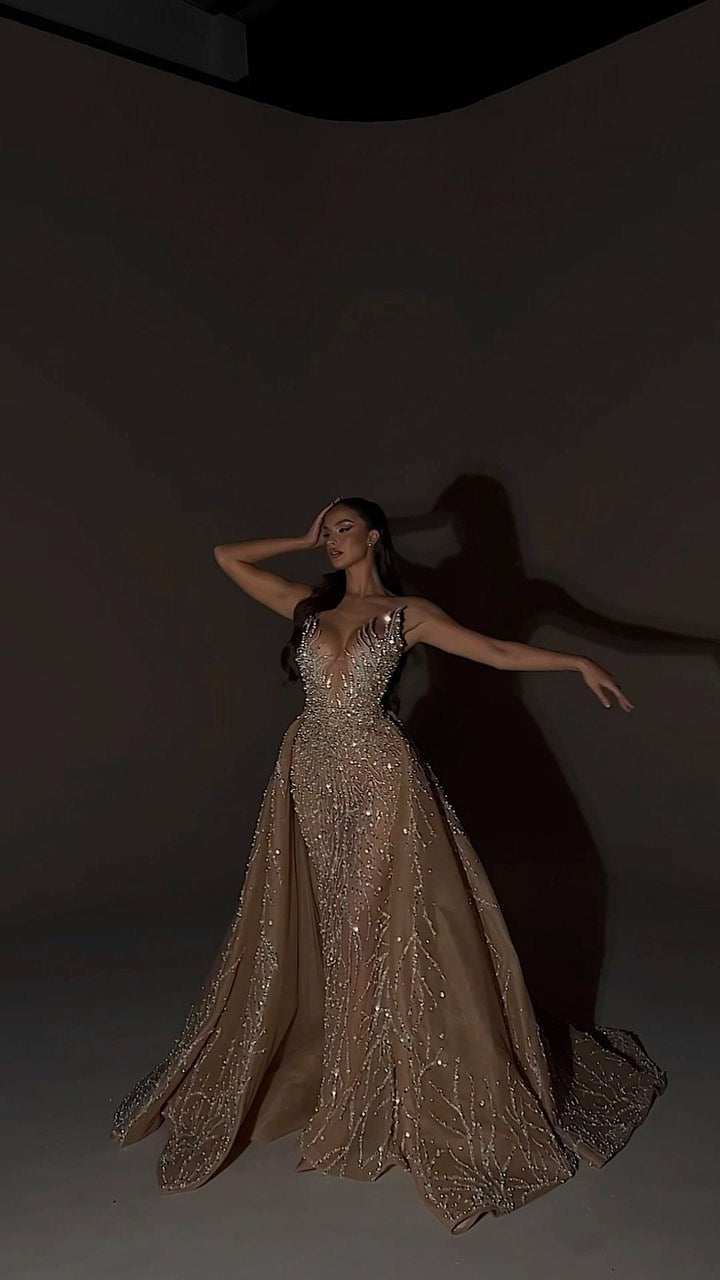 Strapless Crystal Pearl Sequin Maxi Dress Nude HV2146