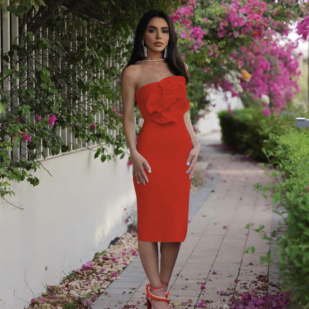 Strapless Flower Detail Midi Dress Red HV1587