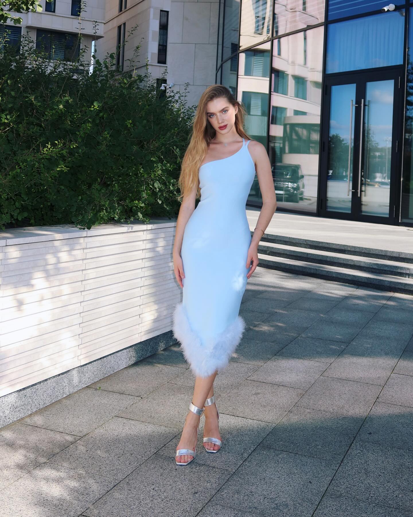 One Shoulder Feather Detail Midi Dress Blue