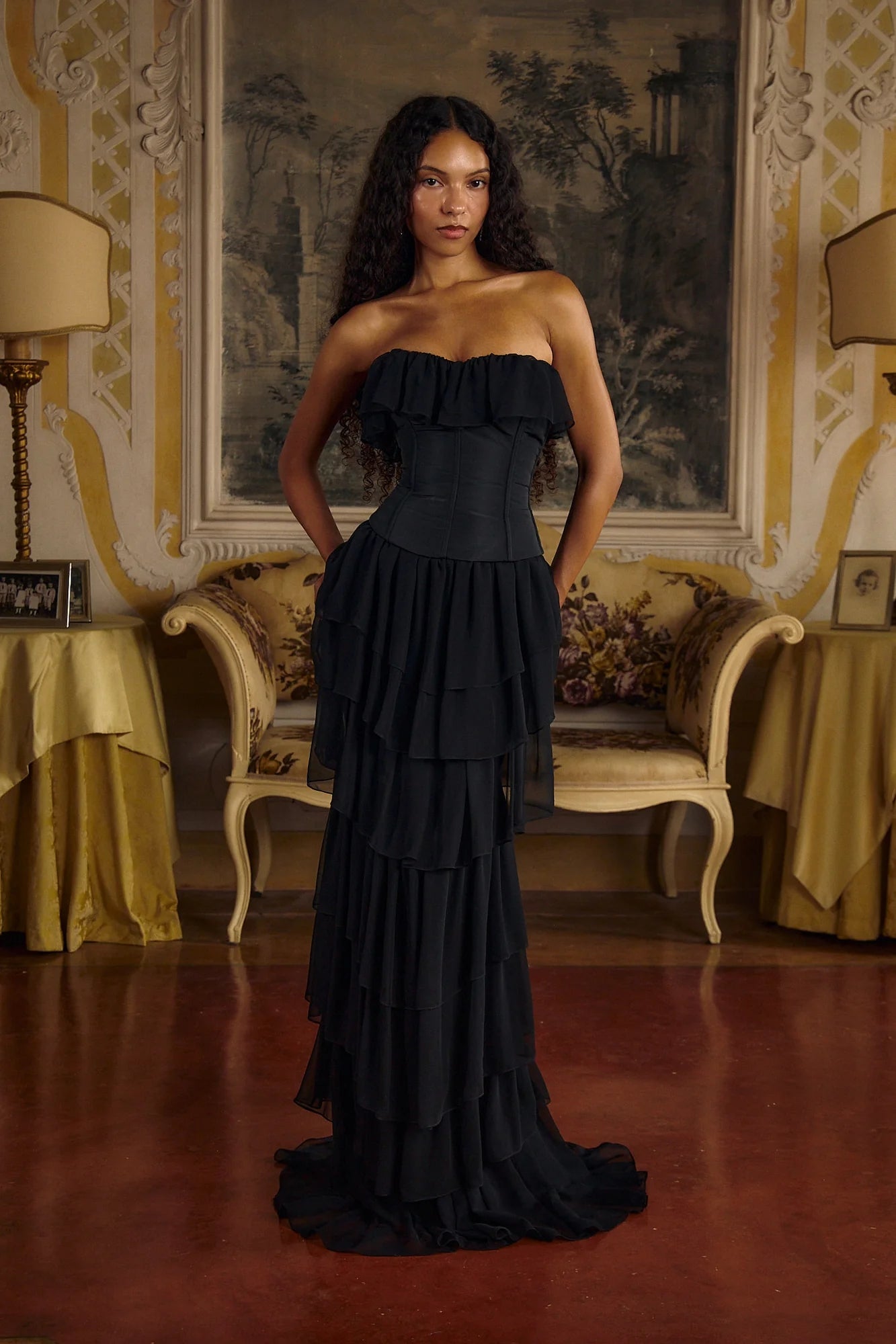 Strapless Corset Ruffle Maxi Dress