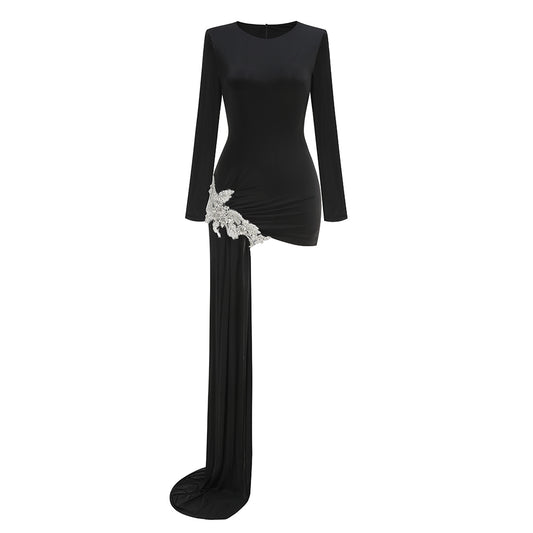 Long Sleeve Crystal Detail Draped Dress Black HV2036