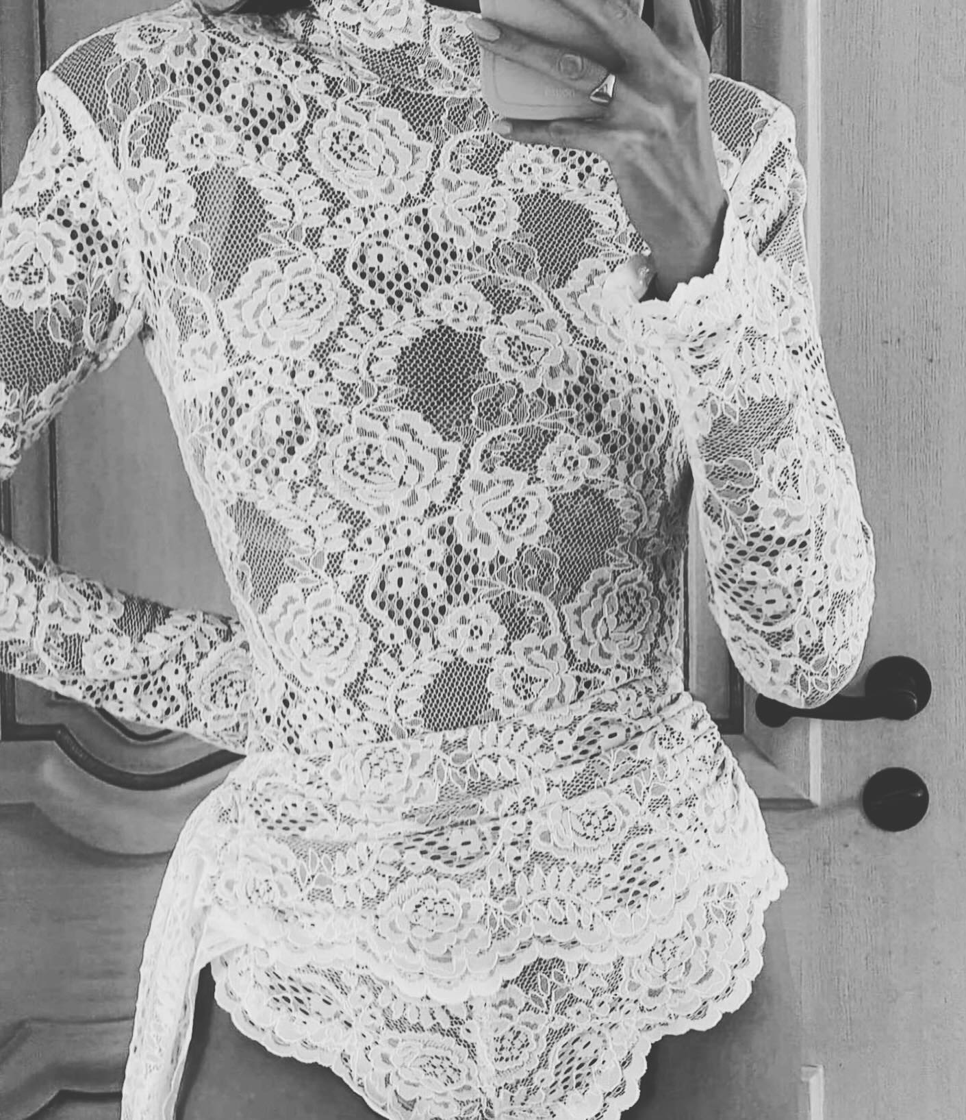 Long Sleeve Draped Lace Bodysuit White HV1546