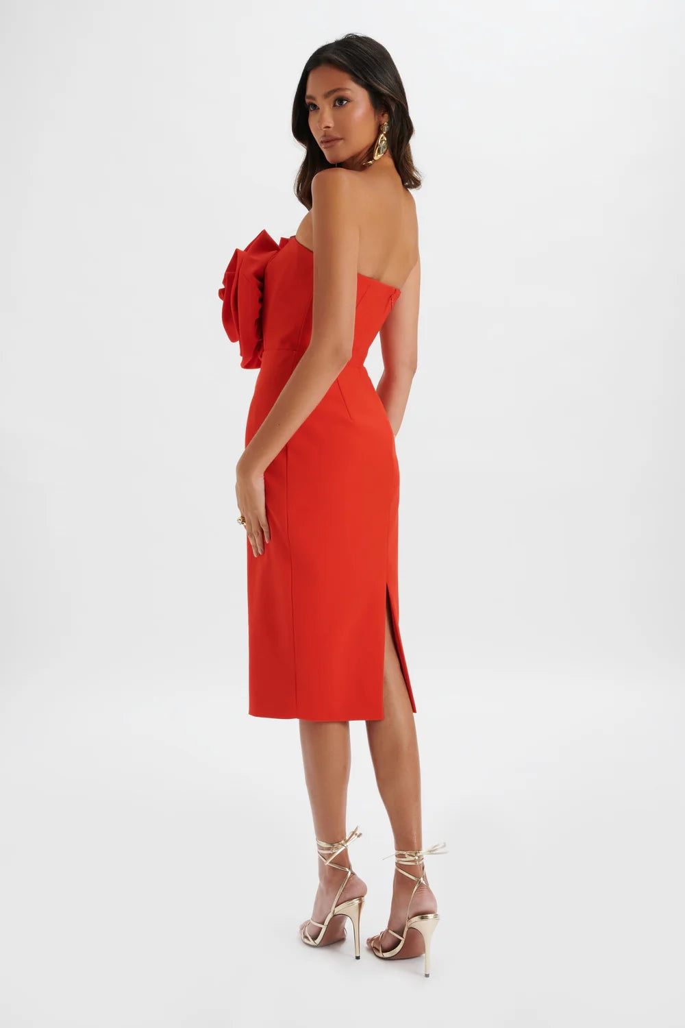 Strapless Flower Detail Midi Dress Red HV1587