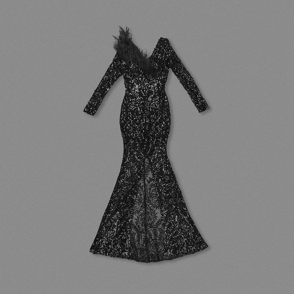 Long Sleeve Feather Detail Sequin Maxi Dress Black HV1799
