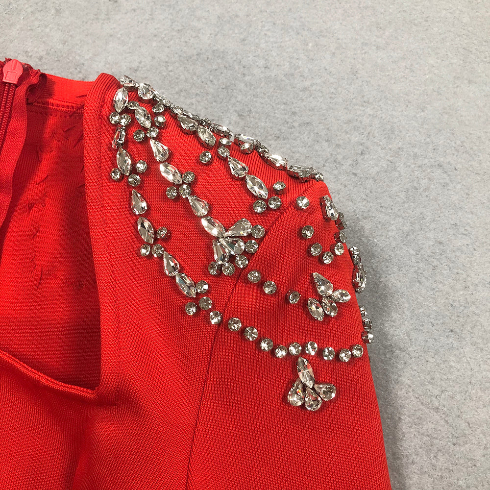 Long Sleeve Crystal Shoulder Maxi Dress Red BB10026