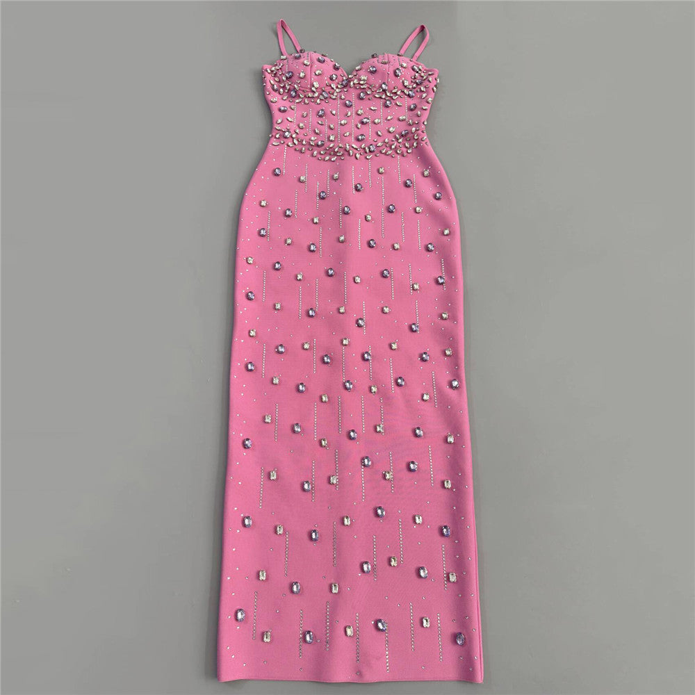 Crystal Embellished Bustier Maxi Dress Pink HV2894
