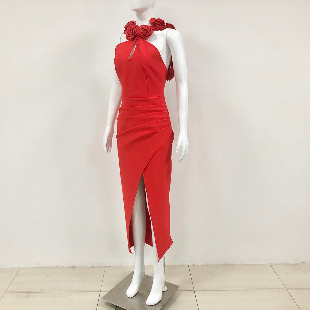 Halter Floral Backless Maxi Dress Red HV1733
