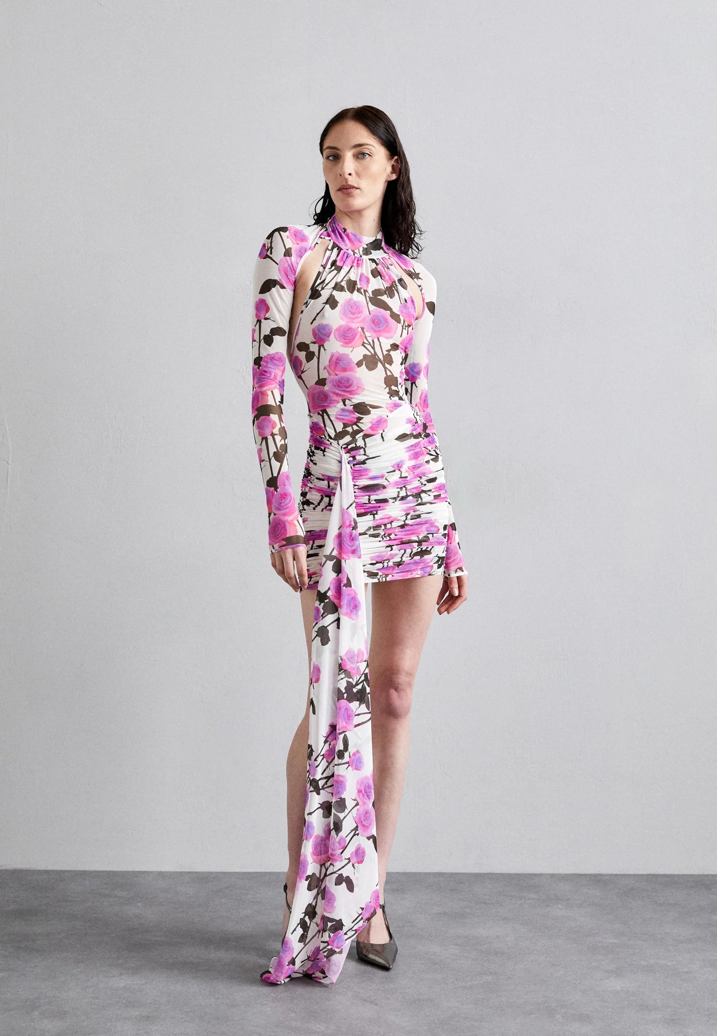 Long Sleeve Floral Backless Dress Pink HV1938