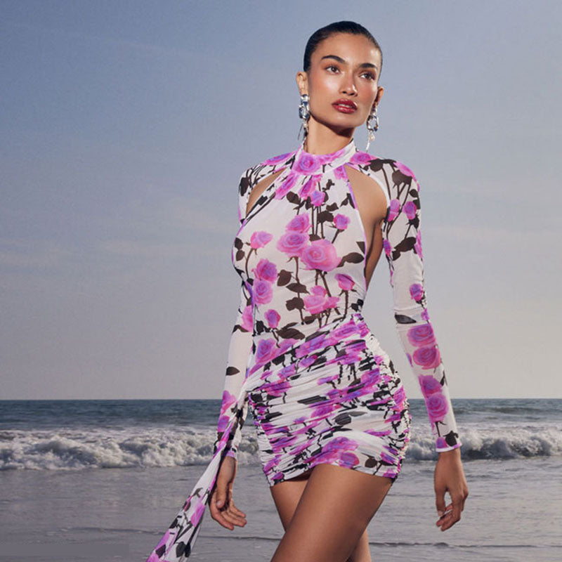 Long Sleeve Floral Backless Dress Pink HV1938