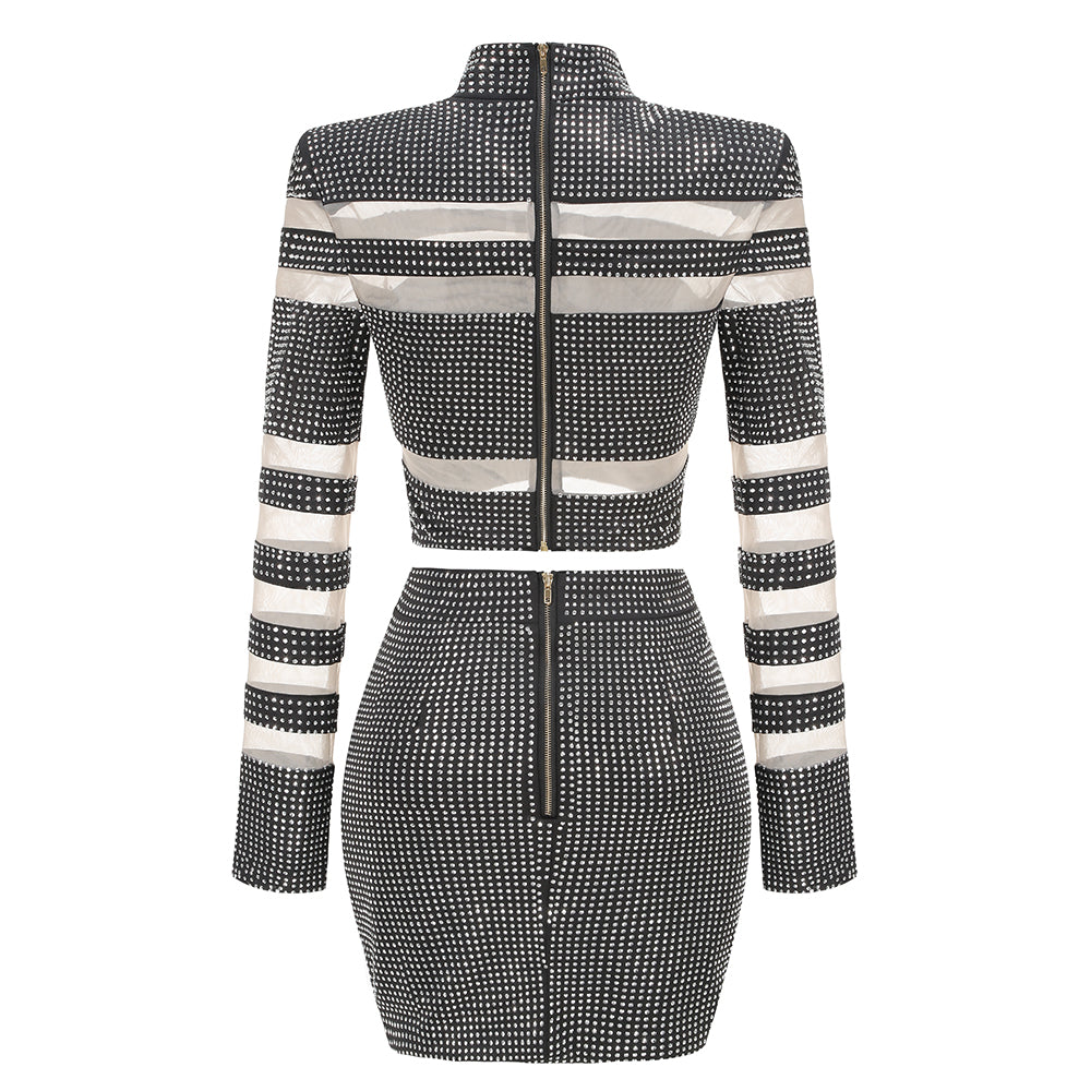 Long Sleeve Studded Mesh Two Piece Dress HV1939
