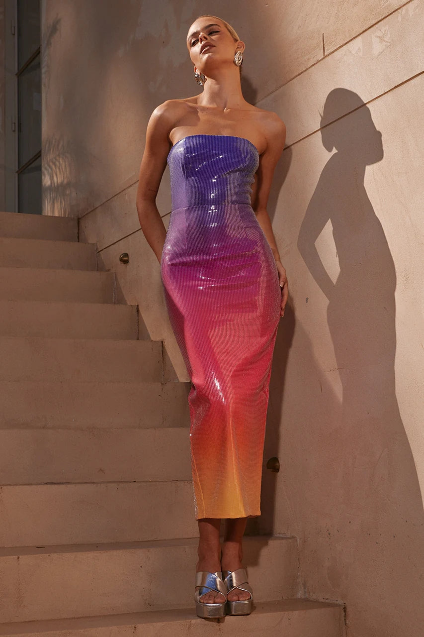 Strapless Sequin Midi Dress Rainbow HV9873