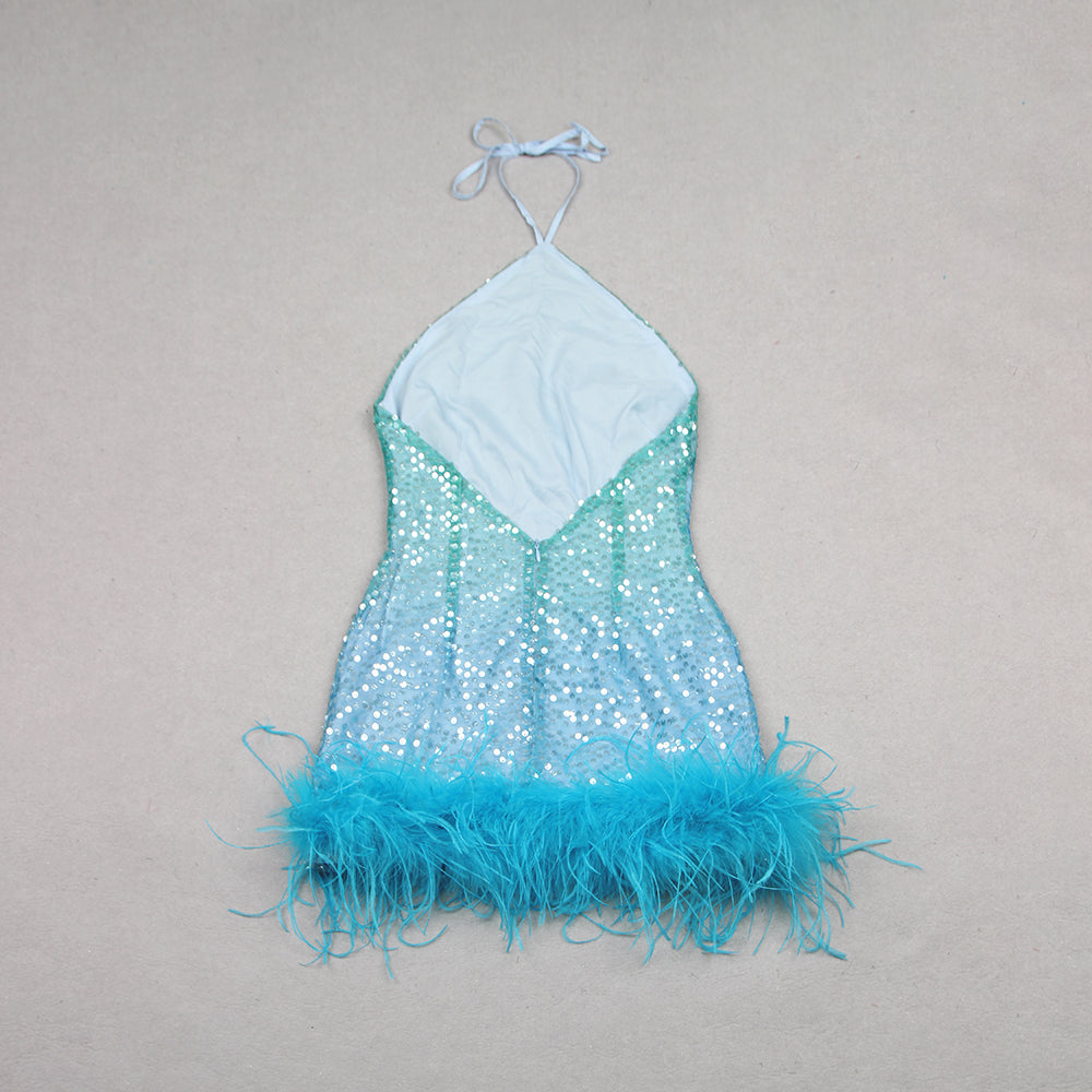 Halter Sequin Feather Hem Dress Blue HV9881