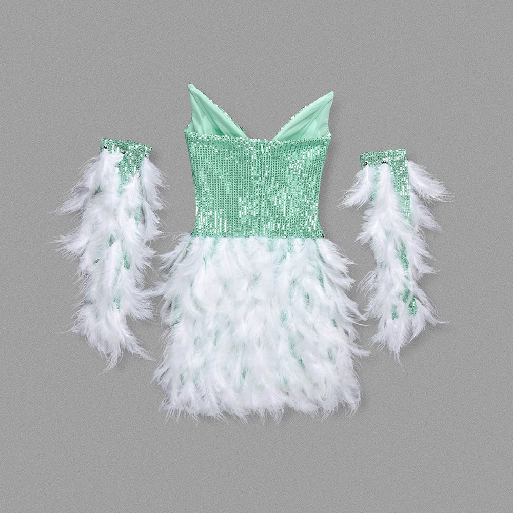 Long Sleeve Feather Sequin Dress Green White HV1222