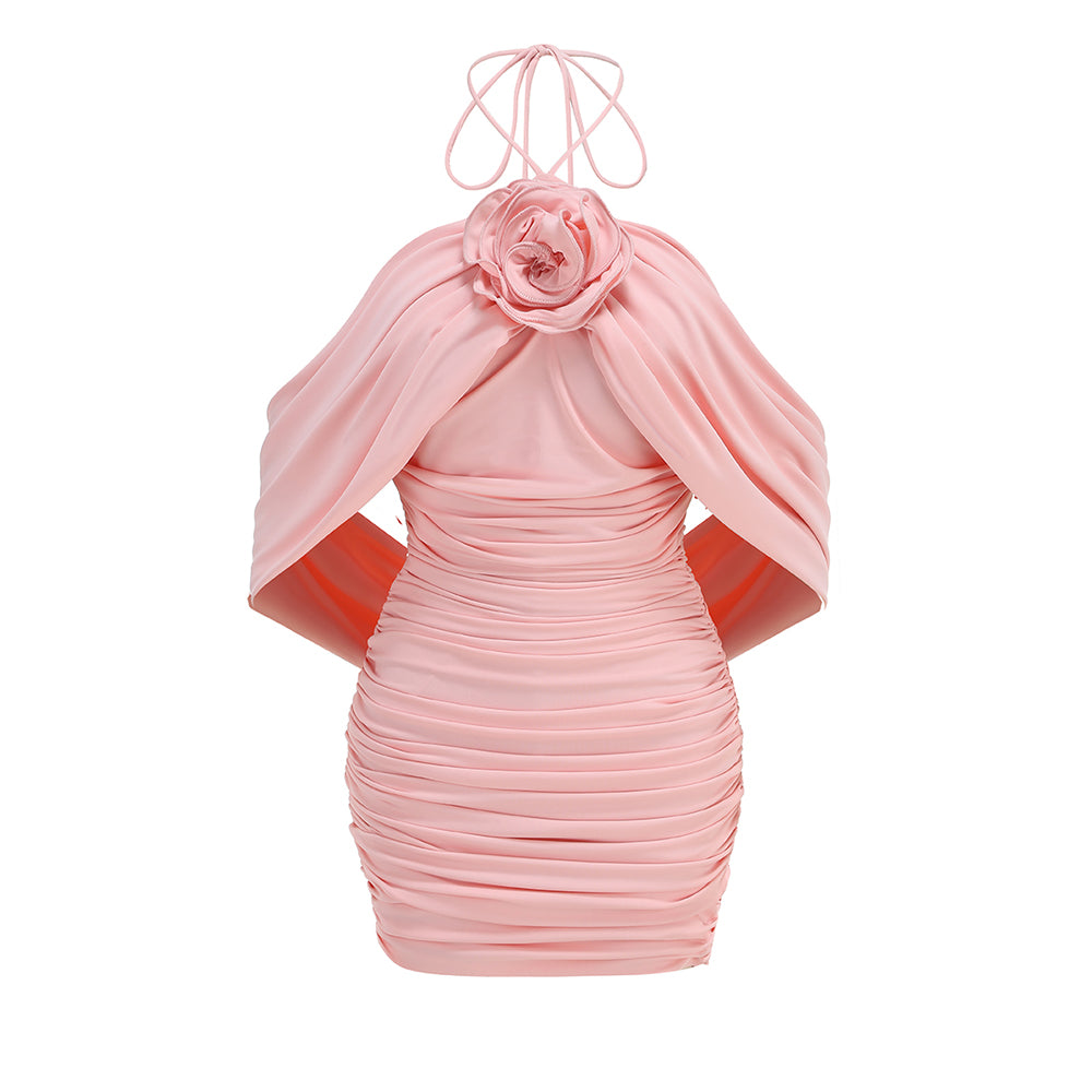 Halter Floral Detail Draped Dress Pink HV1589