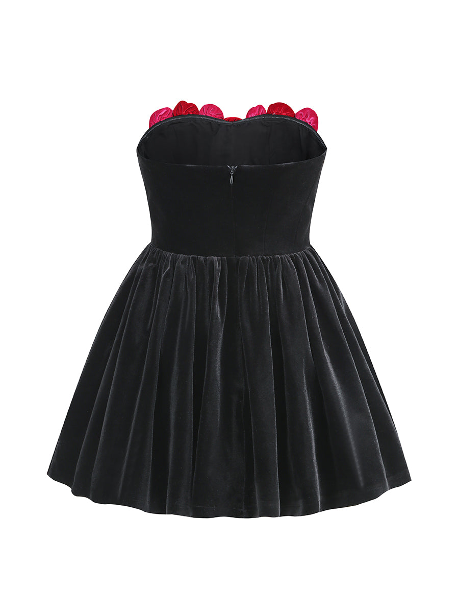 Flower Detail Strapless A Line Velvet Dress Black HV1173