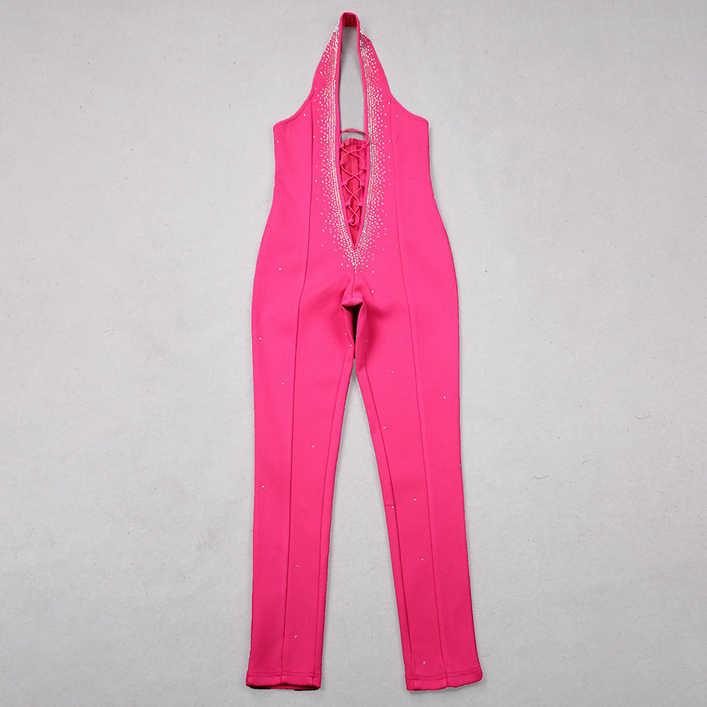 Halter Rhinestone Lace Up Jumpsuit HV9286