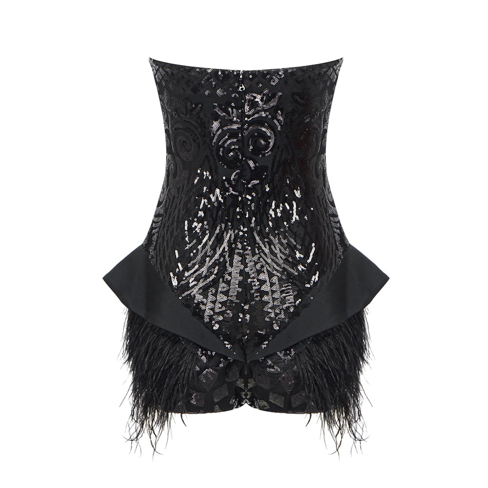 Strapless Sequin Feather Bodysuit Black HV9719