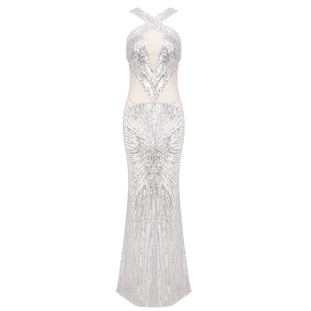Halter Sequin Maxi Dress Silver HV1299