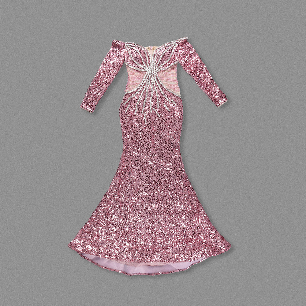 Long Sleeve Bardot Crystal Sequin Maxi Dress Pink HV2001