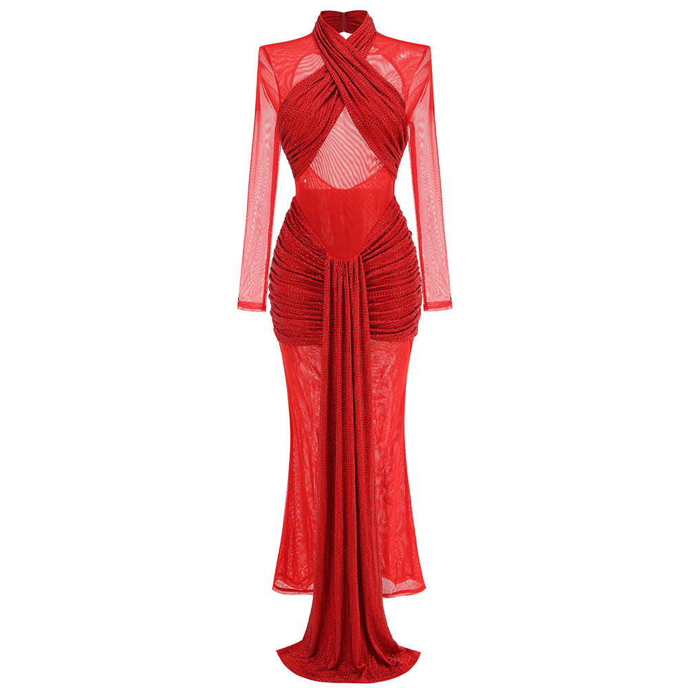 Long Sleeve Sparkly Draped Maxi Dress Red HV1983