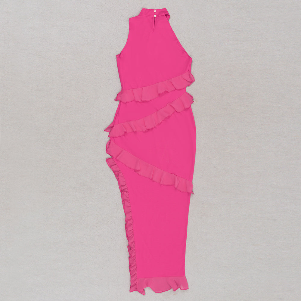 Halter Ruffle Maxi Dress Hot Pink HV9411