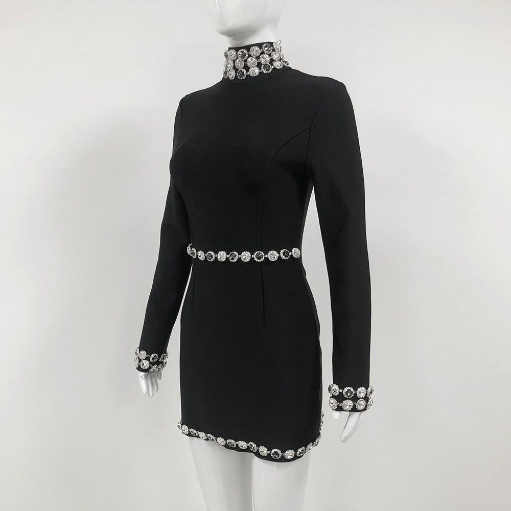 Long Sleeve Crystal Trim Detail Dress Black HV1665