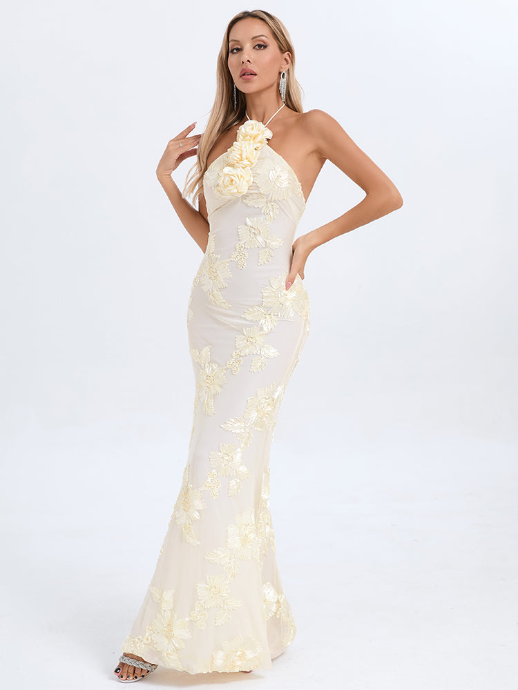 Halter Floral Maxi Dress Ivory HV1527