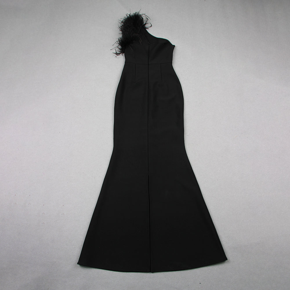 Feather One Shoulder Mermaid Maxi Dress Black HV9959