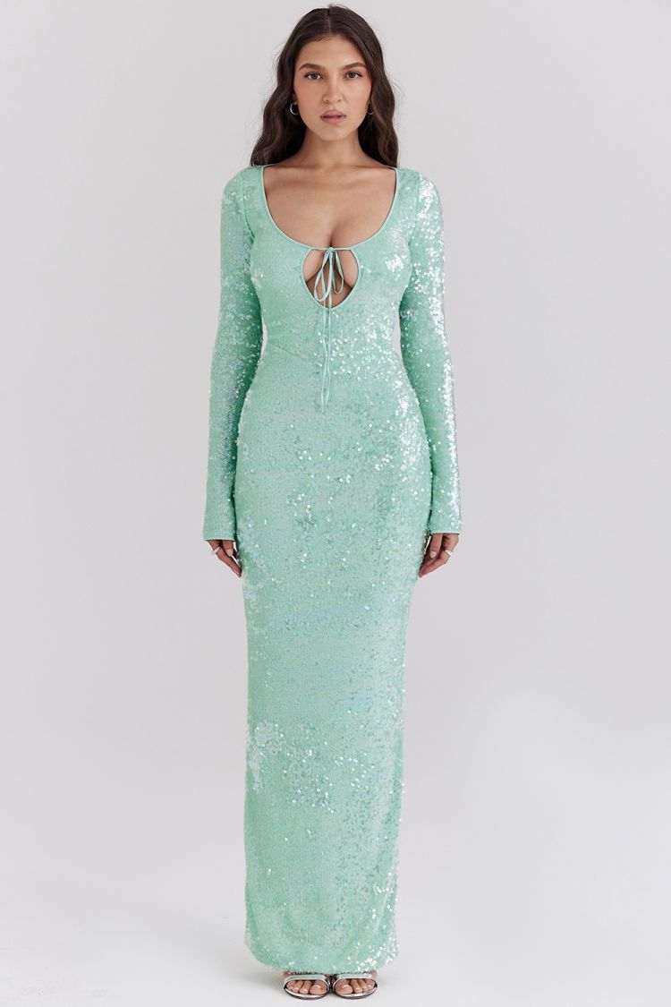 Long Sleeve Sequin Maxi Dress Green