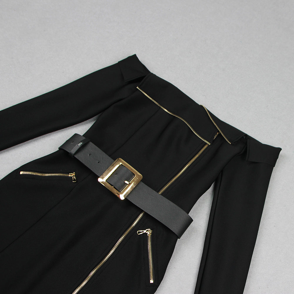 Long Sleeve Off Shoulder Belt Midi Dress Black HV9903