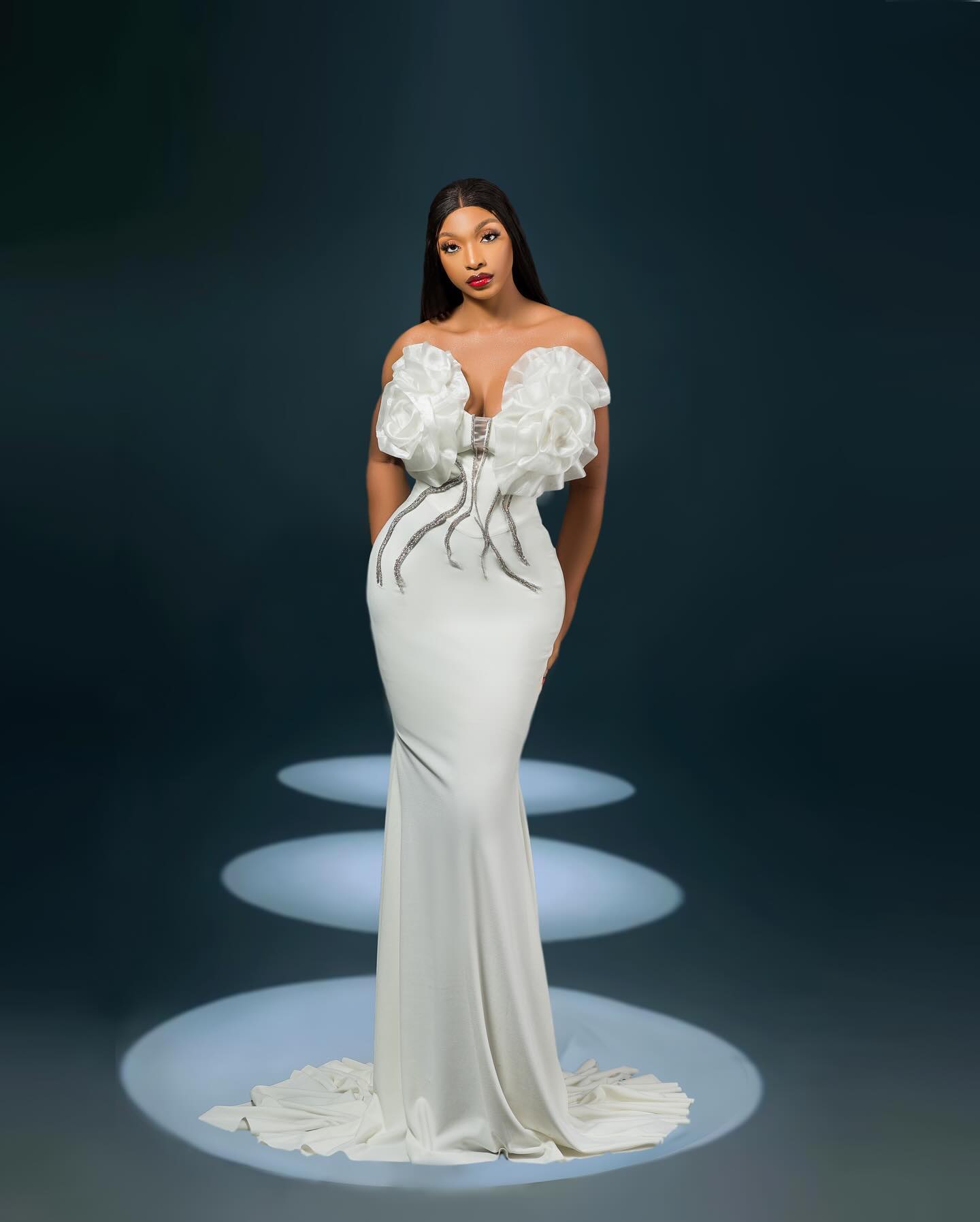 Strapless Flower Detail Crystal Mermaid Maxi Dress HV1269