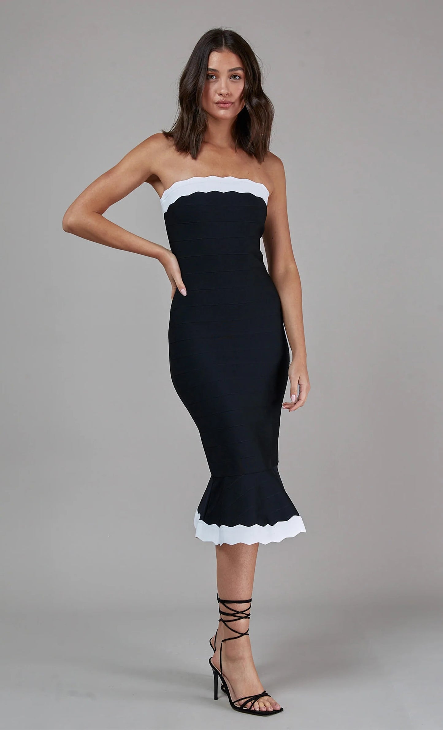 Strapless Scalloped Fluted Midi Dress Black White HV1334