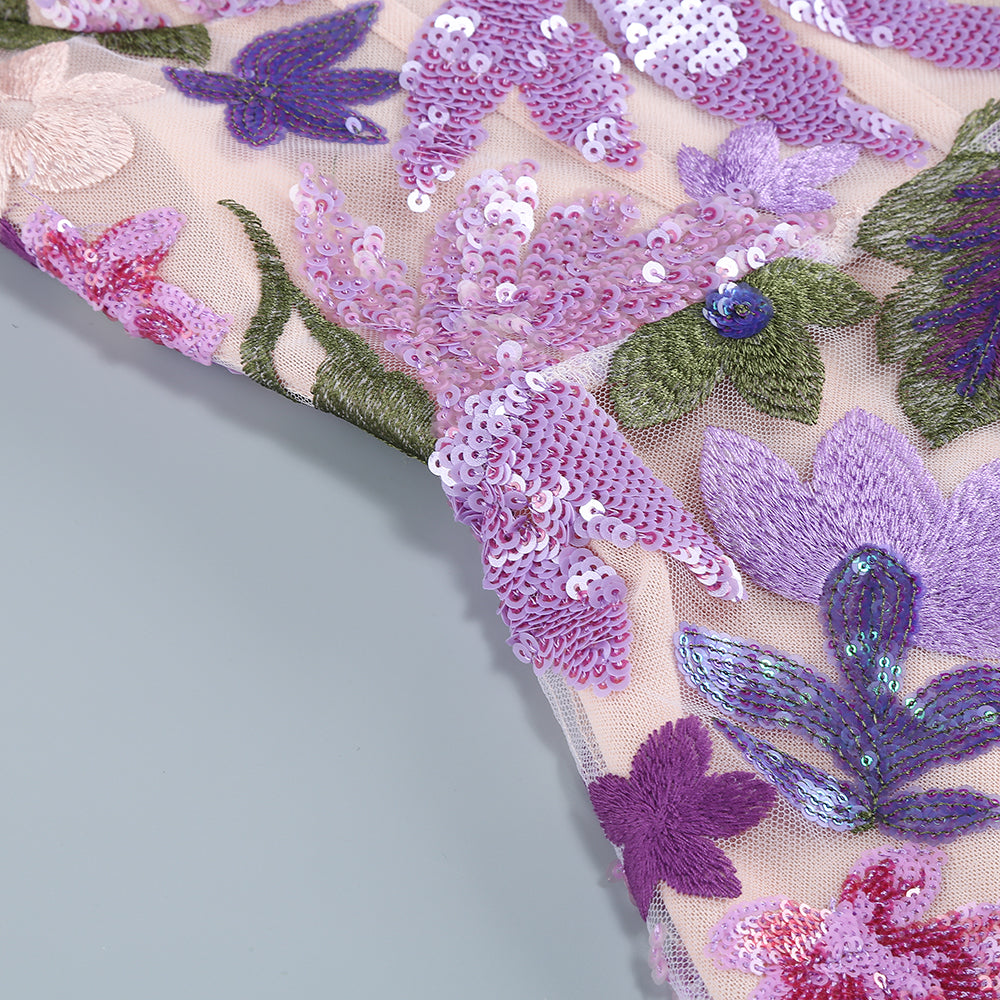 Strapless Floral Sequin Bustier Maxi Dress Lavender HV1373