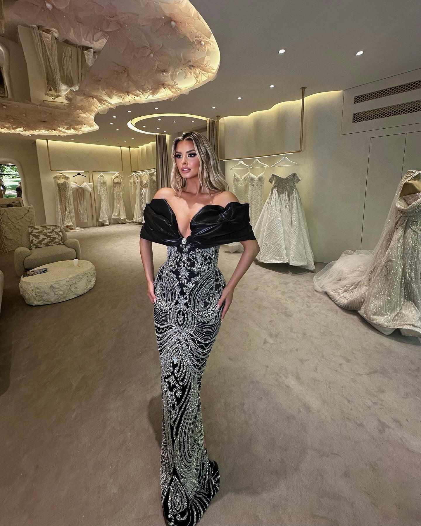 Draped Bardot Sequin Maxi Dress Black HV2052
