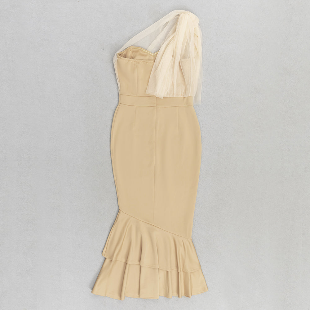 One Shoulder Ruffle Midi Dress Nude HV9808