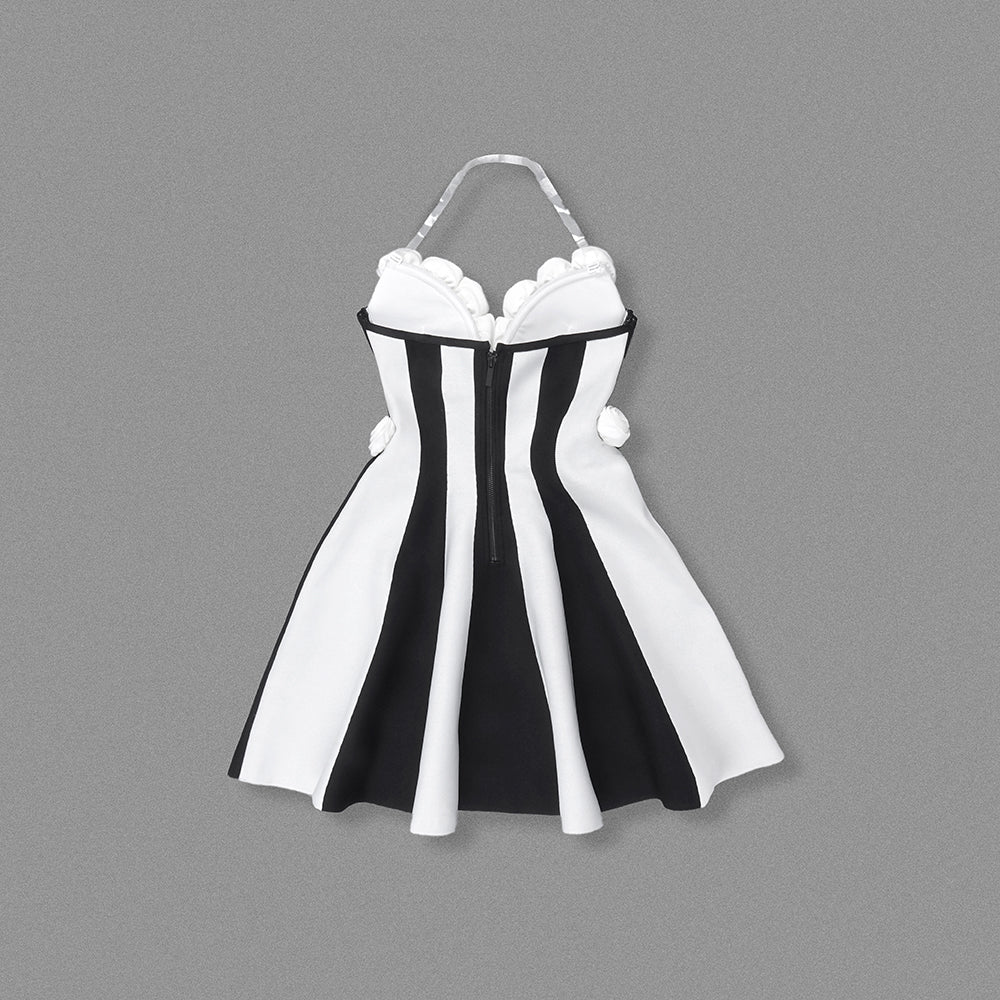 Strapless Floral Corset A Line Dress Black White HV2142
