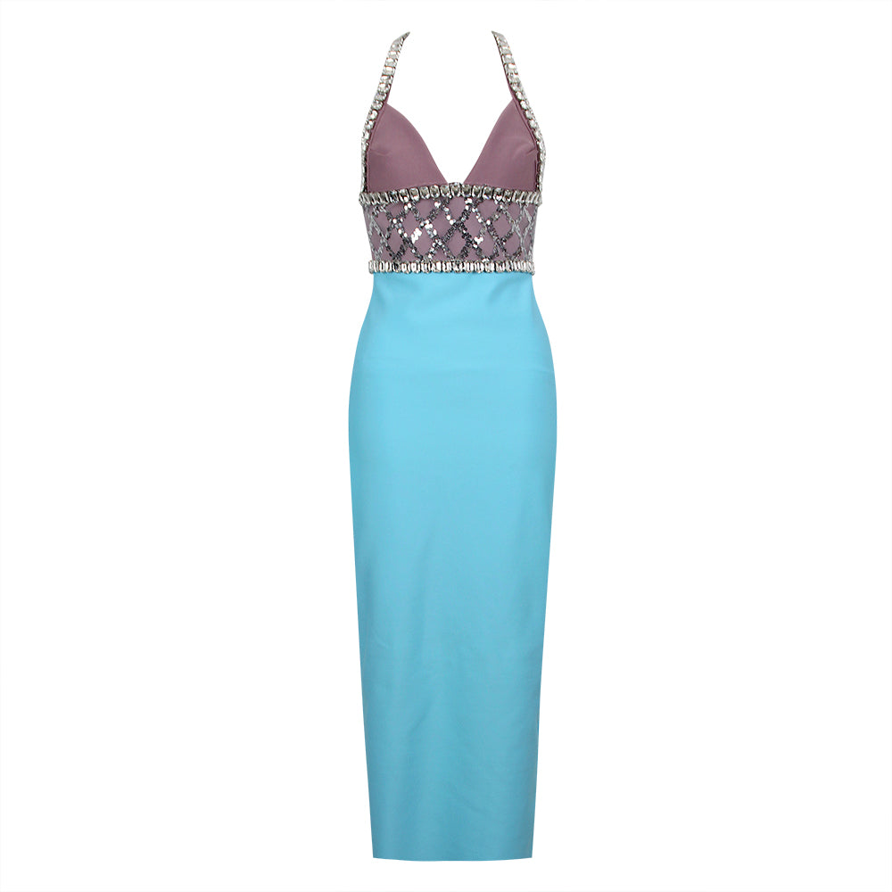 Halter Crystal Sequin Midi Dress Light Blue HV9505