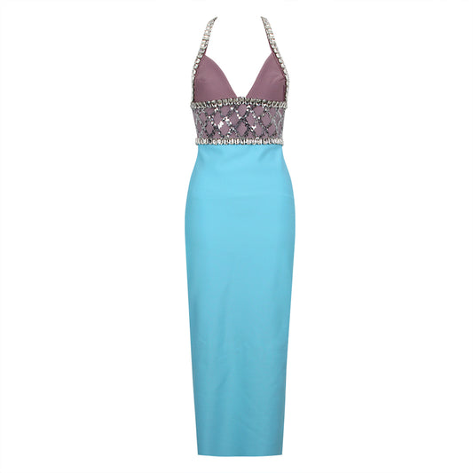 Halter Crystal Sequin Midi Dress Light Blue HV9505