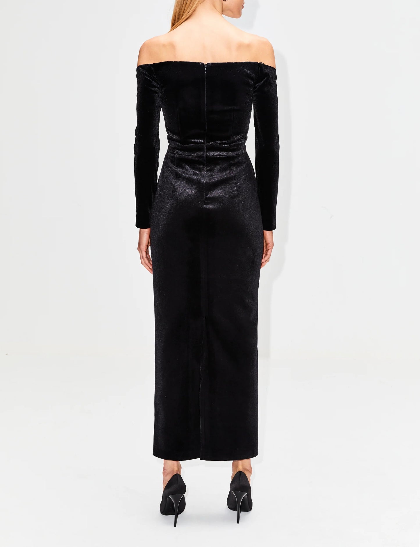 Long Sleeve Lace Insert Maxi Velvet Dress Black HV9962