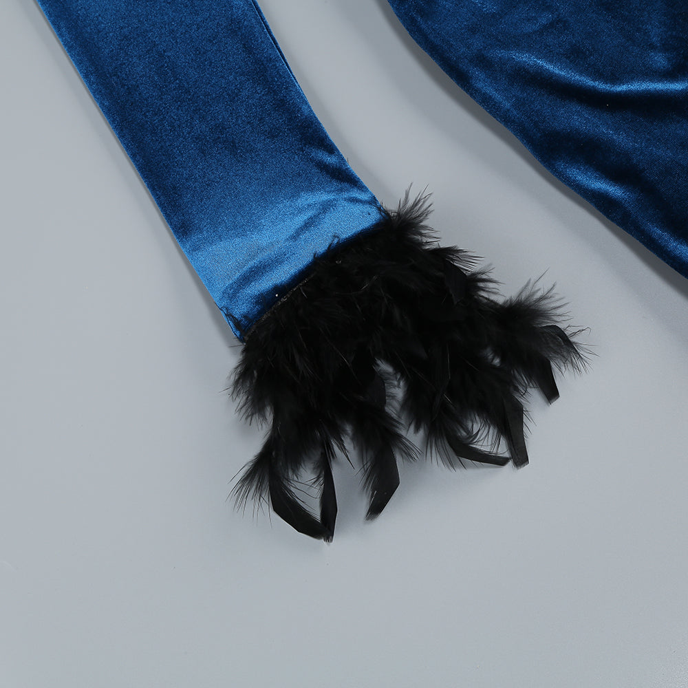 Feather Long Sleeve Velvet Dress Blue