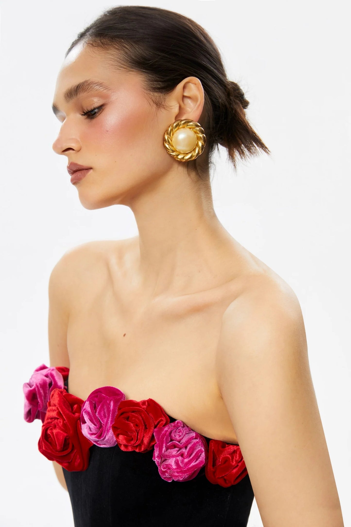 Flower Detail Strapless A Line Velvet Dress Black HV1173