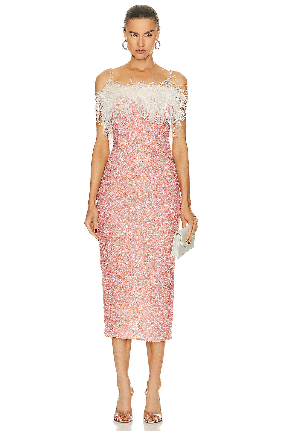 Feather Detail Sequin Midi Dress Pink White